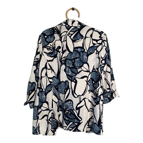 Chicos Navy Linen Blend Navy Black Pattern Open Front Jacket Career Art to Wear - Picture 6 of 15